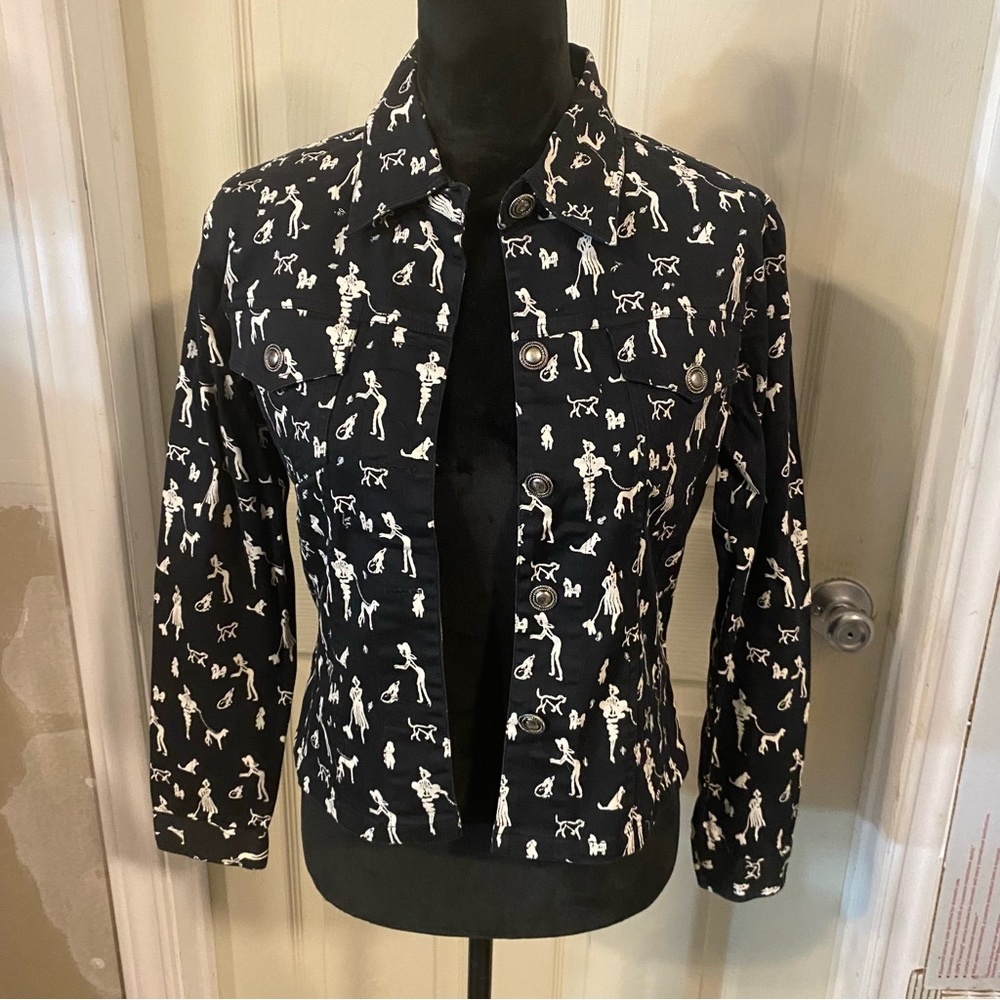 New Identity Crop Dog Print Jacket Button Down Black White print Denim Jacket Sm